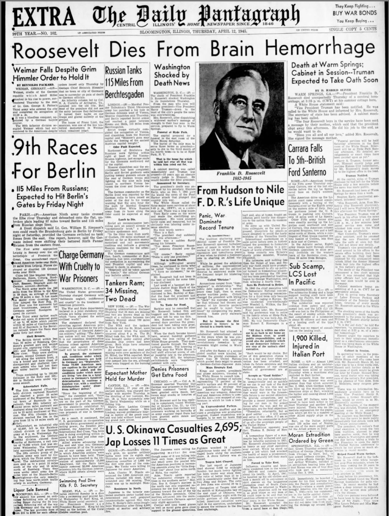 Roosevelt Dies From Brain Hemorrhage